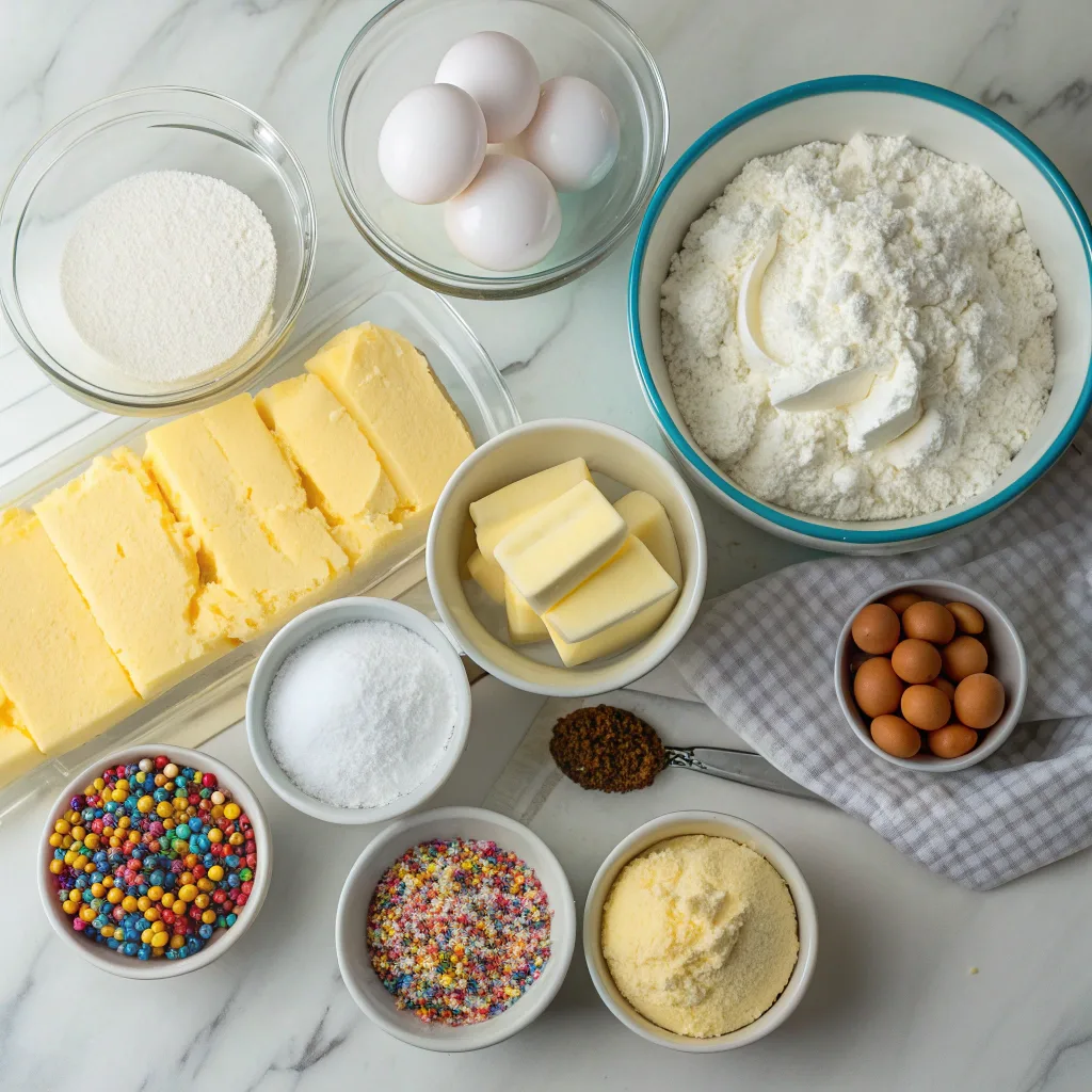 Ingredients for sugar cookie dump cake layered with cream cheese