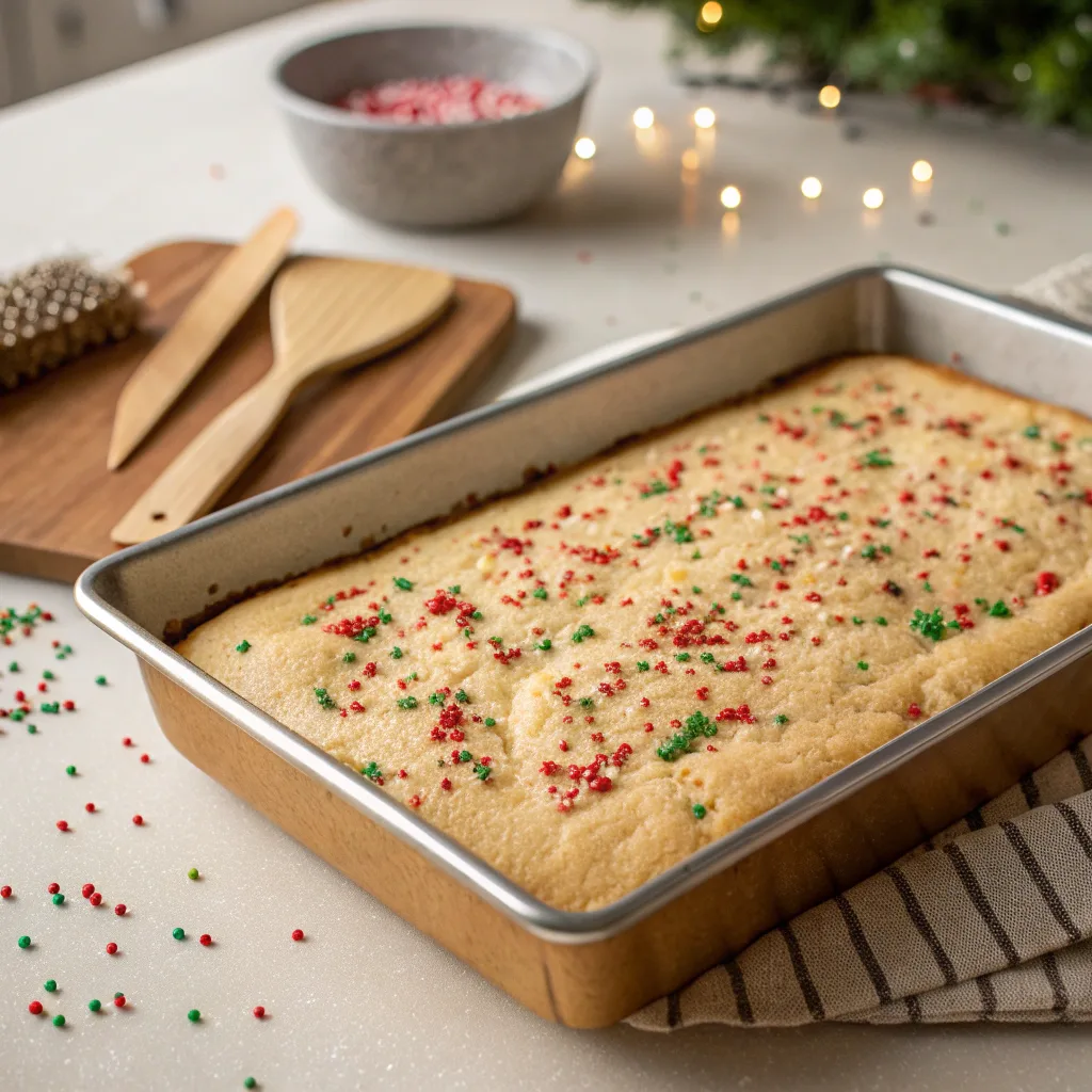 Baking holiday-themed sugar cookie dump cake