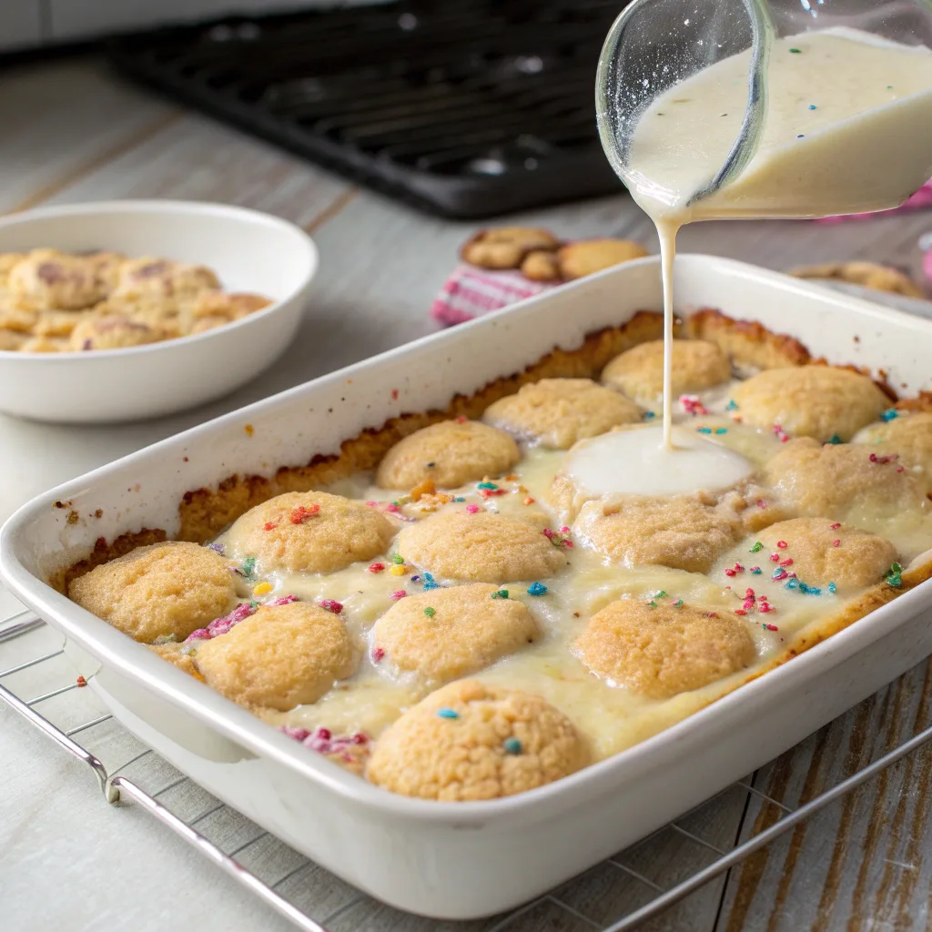 Sugar Cookie Dump Cake with Sprinkles for Christmas Celebration 10 Sugar cookie dump cake baking in oven