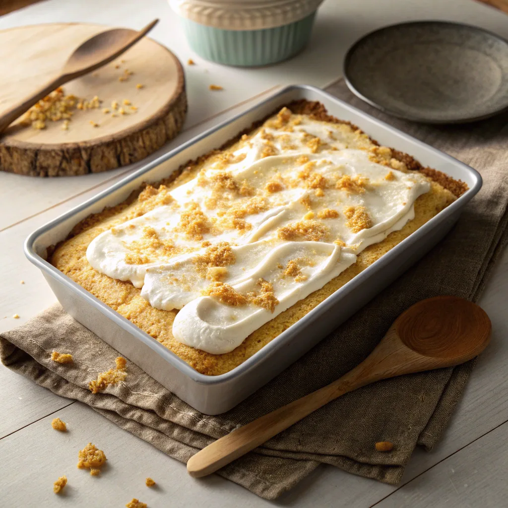 Cooking sugar cookie dump cake layered with cream cheese