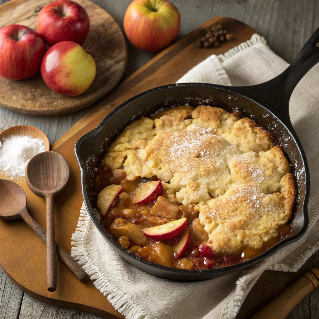 Quick Apple Dump Cake with Vanilla Glaze for Weeknights 10 Cooking apple dump cake in skillet