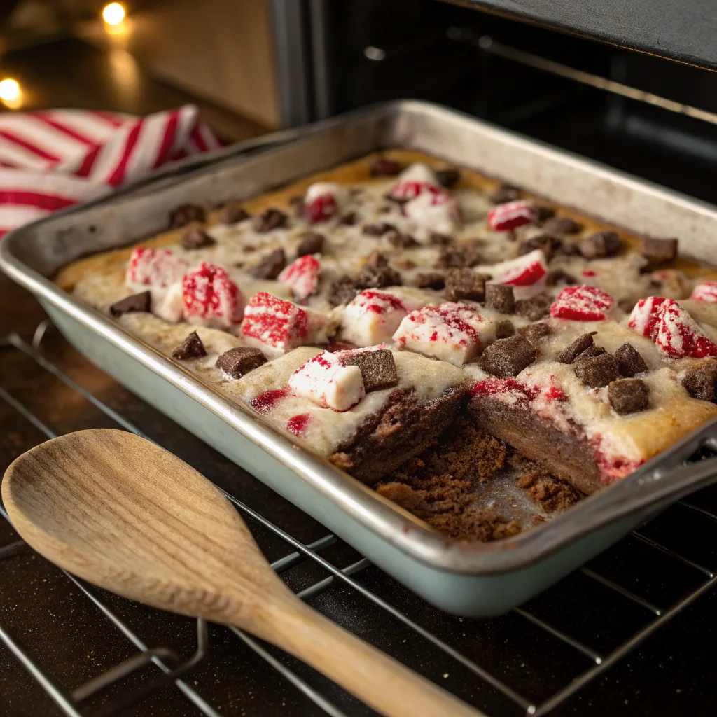 Peppermint sugar cookie dump cake bubbling in pan
