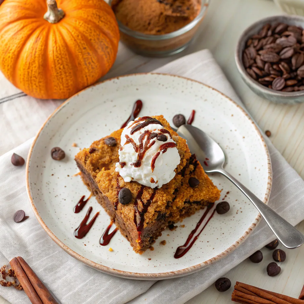 Easy Pumpkin Chocolate Chip Dump Cake for Busy Weeknights 11 Slice of pumpkin chocolate chip dump cake served