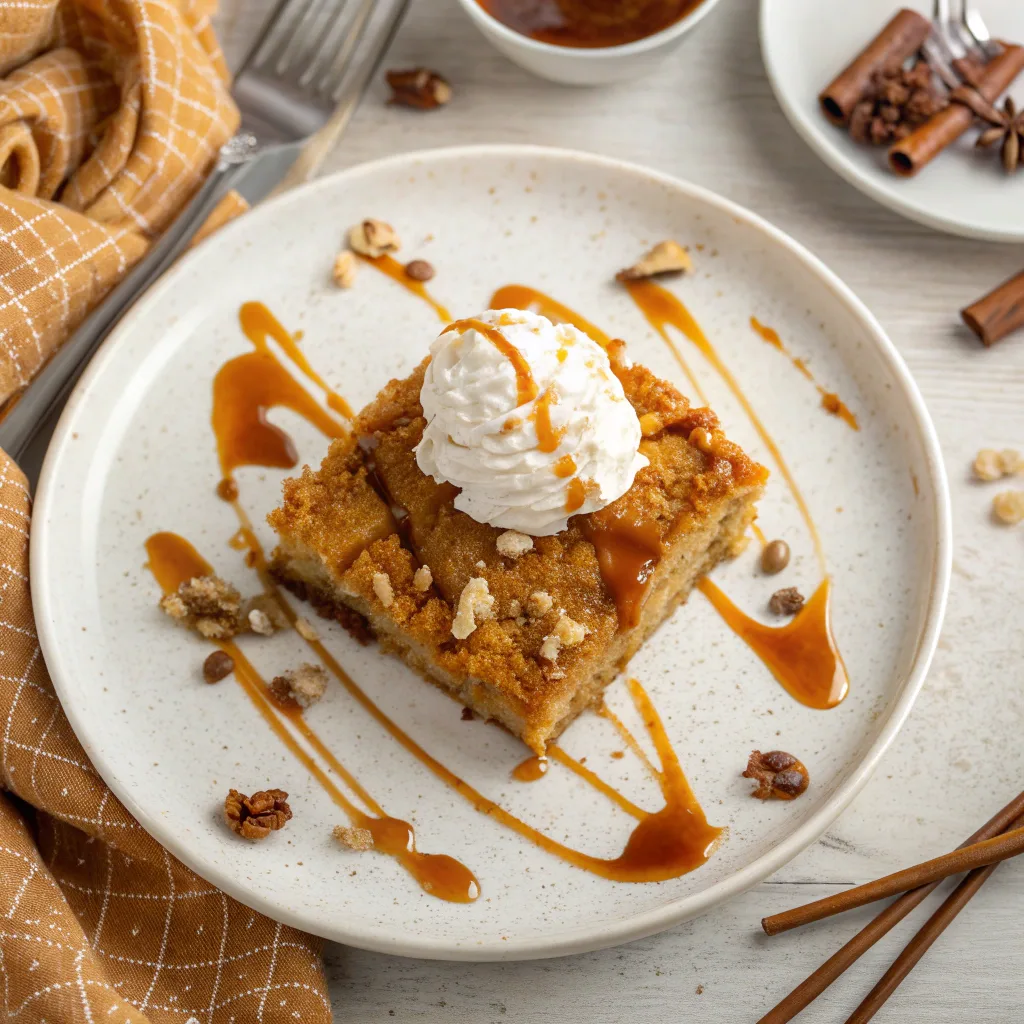 The Best Pumpkin Spice Latte Dump Cake for Winter Desserts 11 Slice of Pumpkin Spice Latte Dump Cake served