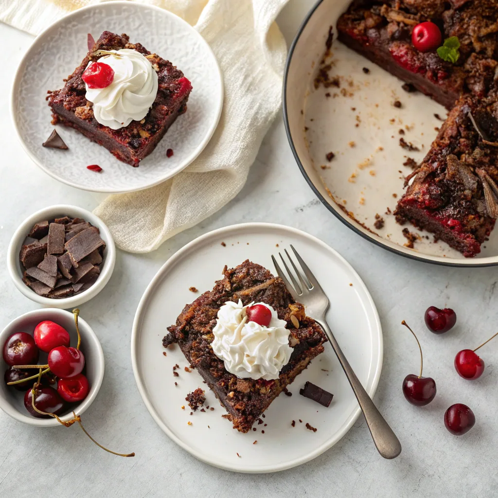 Black Forest Cherry Dump Cake – Classic Chocolate & Cherry in Minutes 11 Sliced Black Forest Cherry Dump Cake with toppings