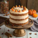 Slice of haunted pumpkin layer cake with candy pumpkins