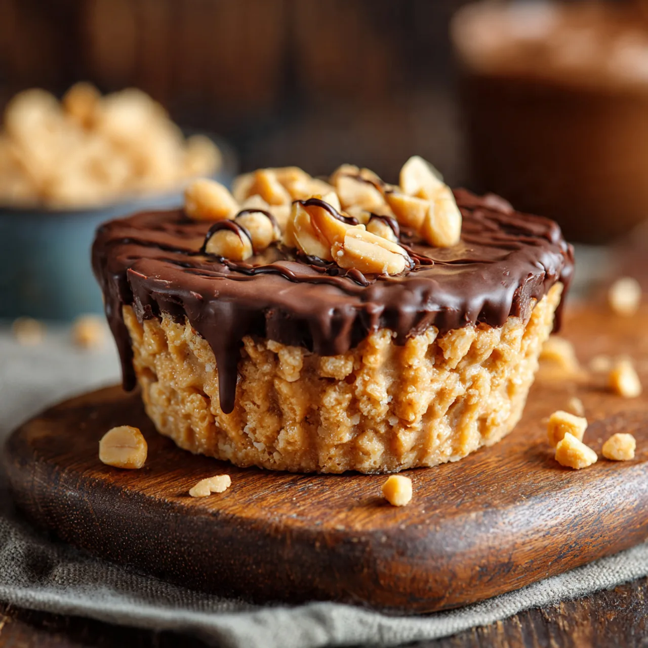 Chocolate peanut butter rice krispie cup close-up