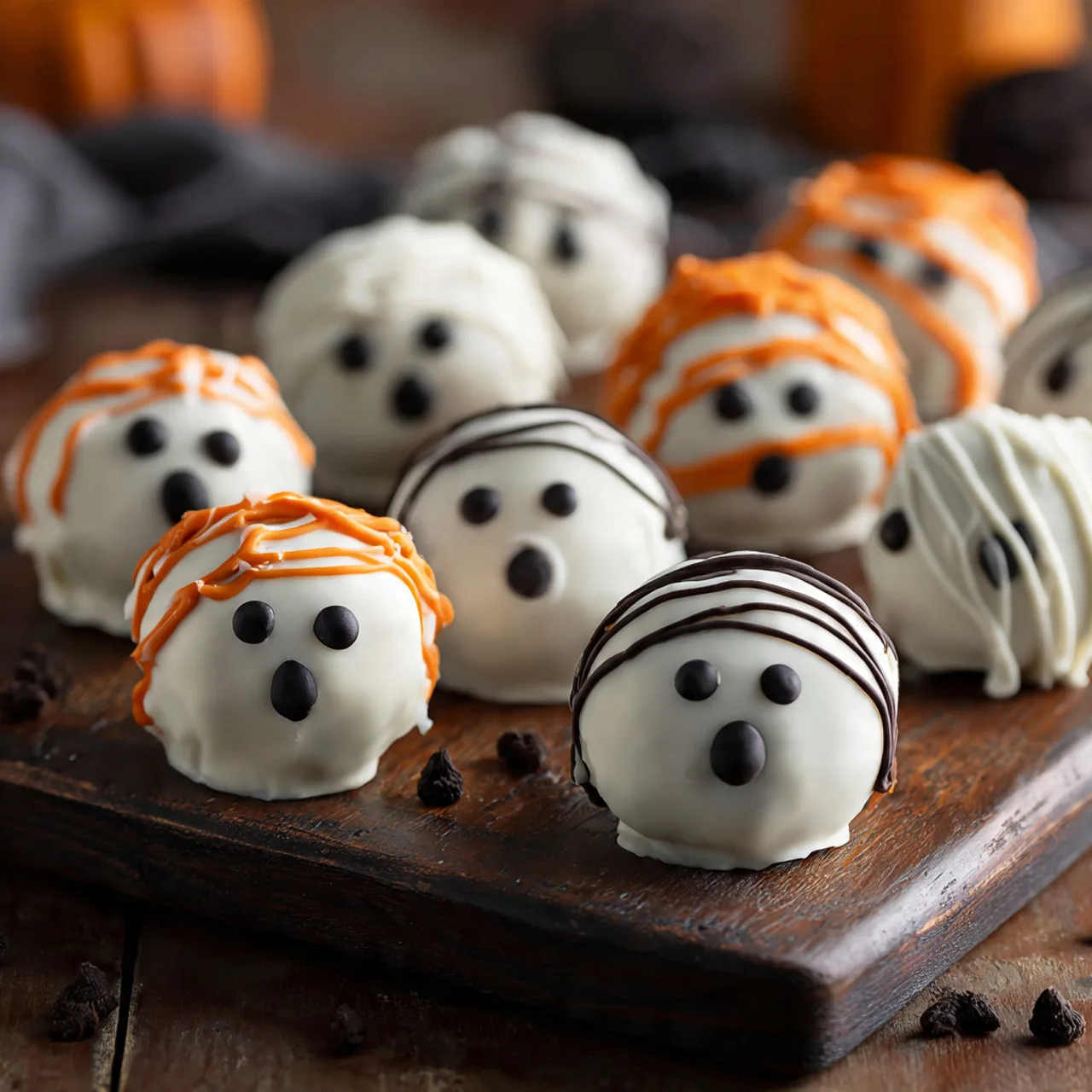 Ghost Oreo Balls decorated for Halloween