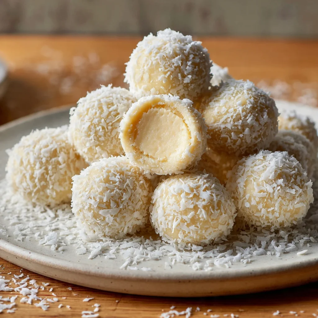No-bake coconut cream balls on white plate