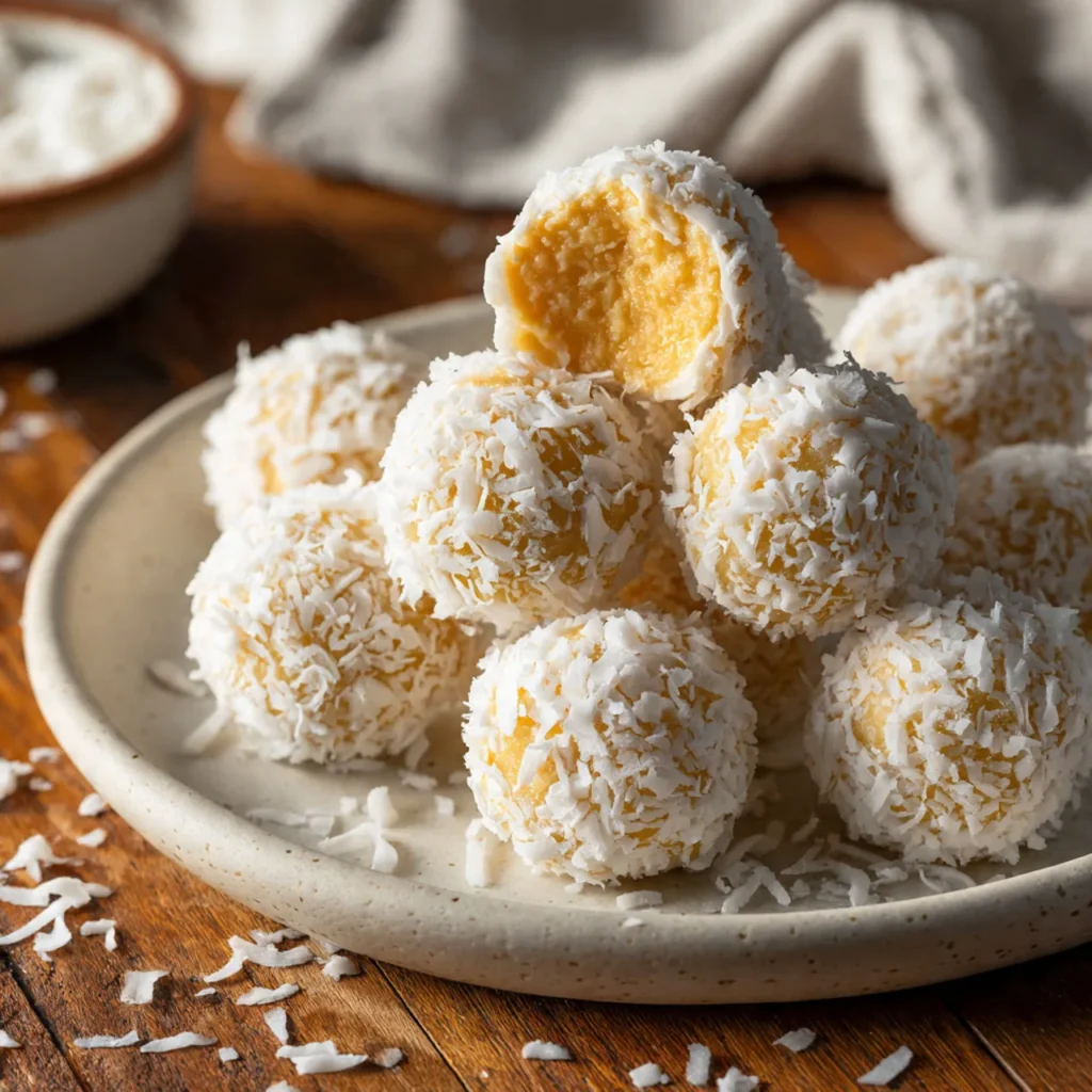 No bake coconut cream balls with condensed milk stacked on a plate