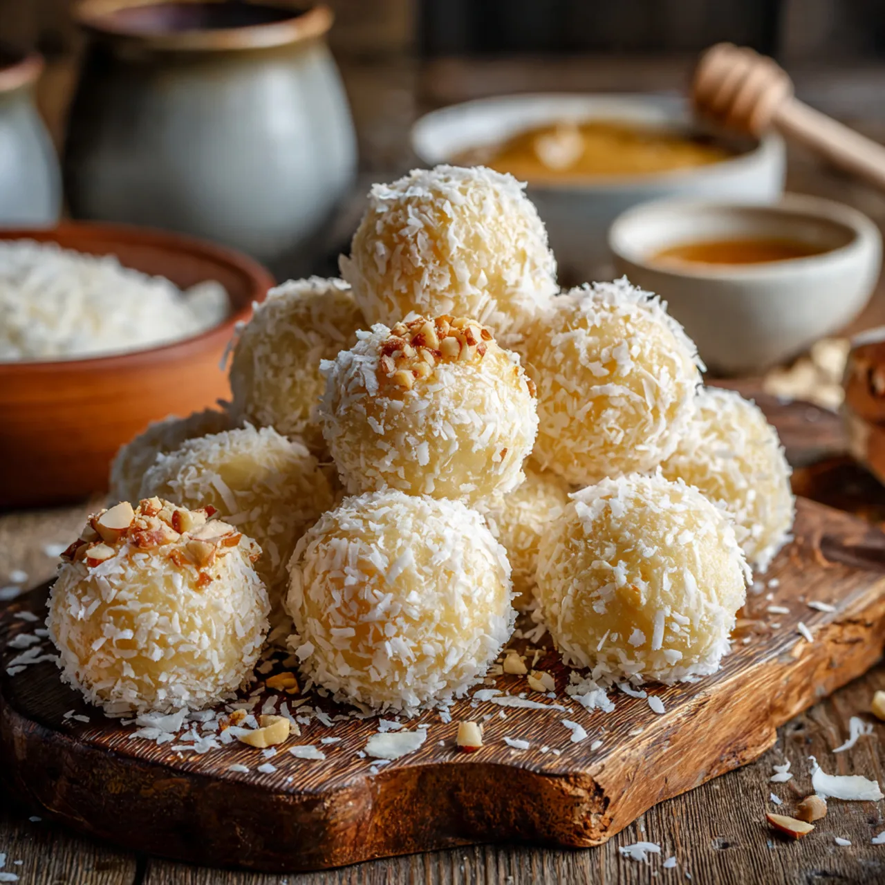No-Bake Coconut Cream Balls with Condensed Milk – Easy and Delicious 8 No-bake coconut cream balls with condensed milk on a rustic board