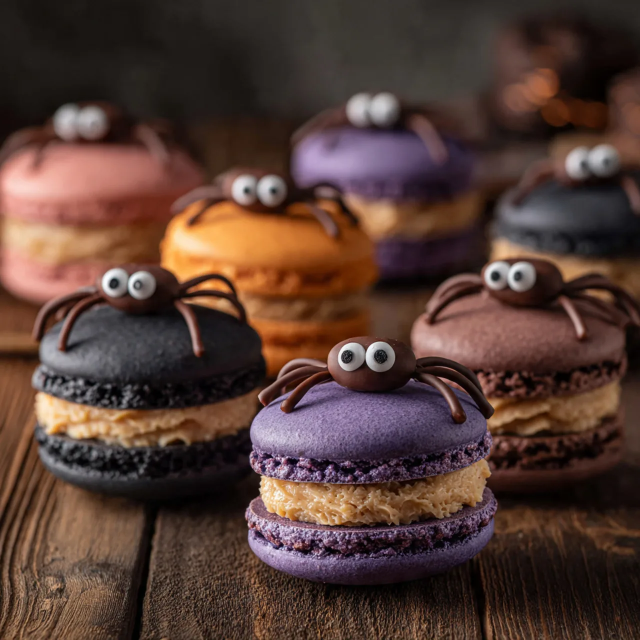 Close-up of Spooktacular Spider Macarons