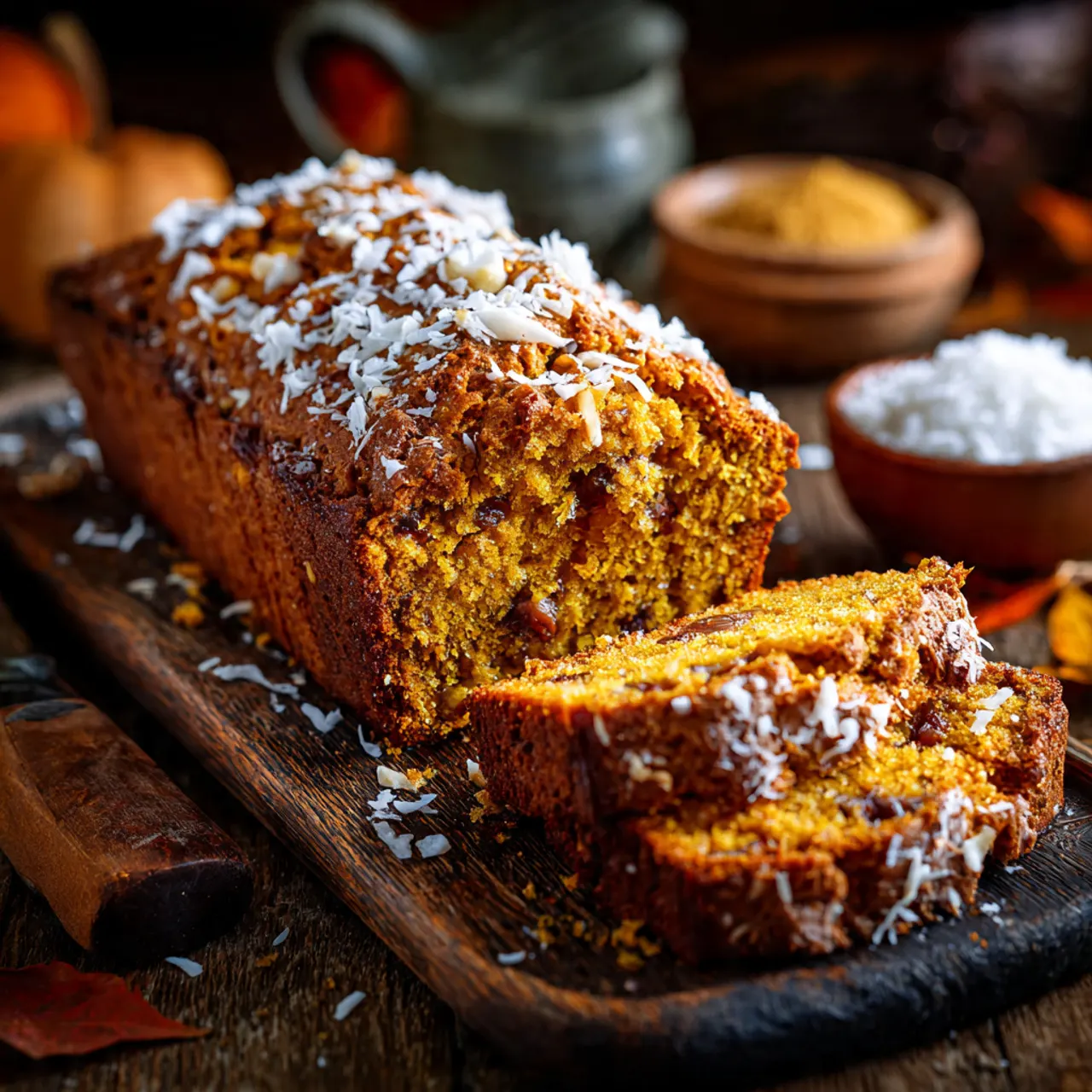 Sliced coconut pumpkin bread on wooden board