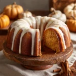 Slice of Bundt Pumpkin Cake with cream cheese glaze