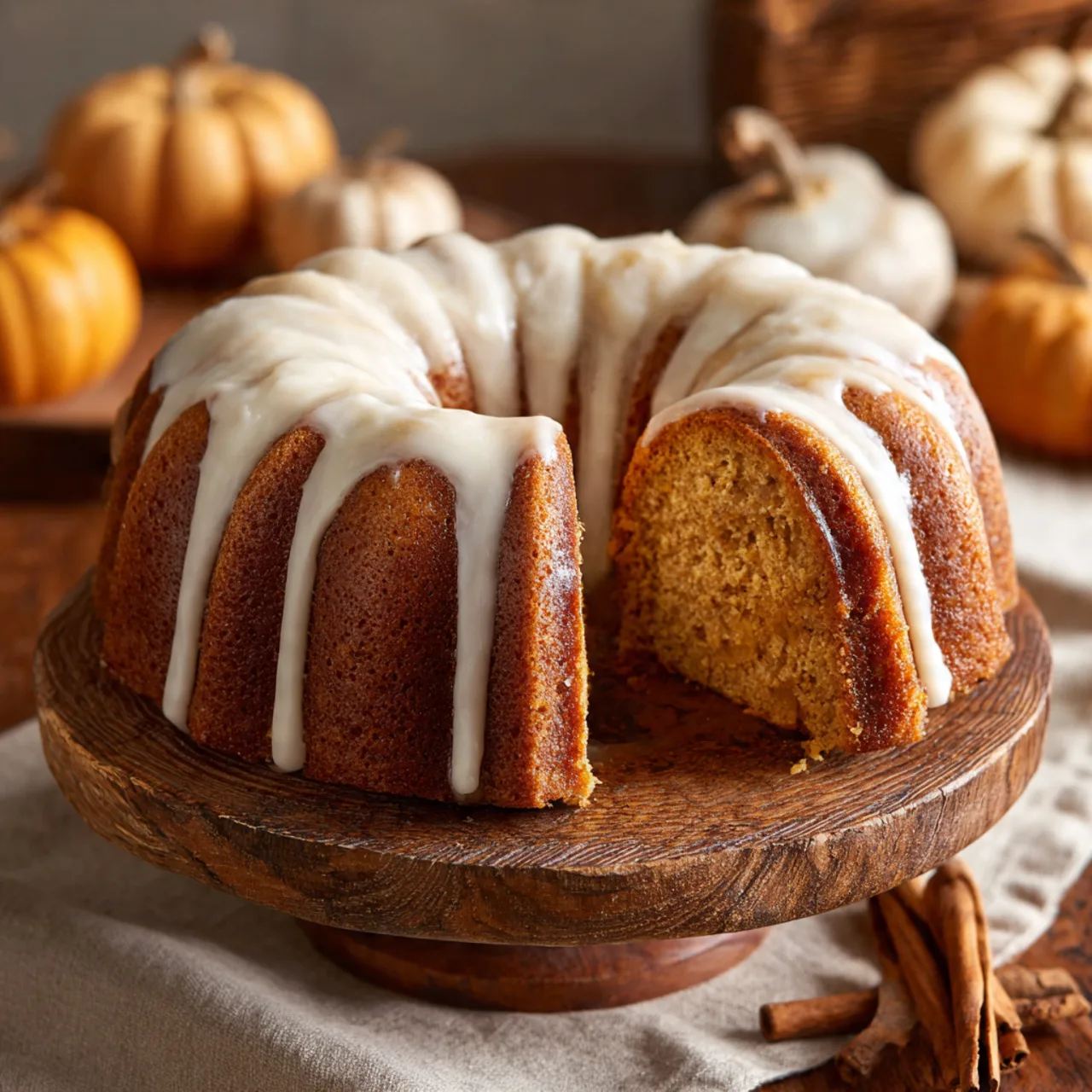 Slice of Bundt Pumpkin Cake with cream cheese glaze