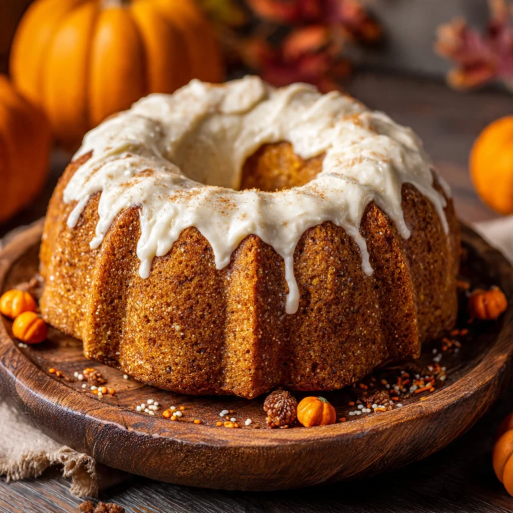 Slice of Halloween pumpkin bundt cake with cream cheese frosting