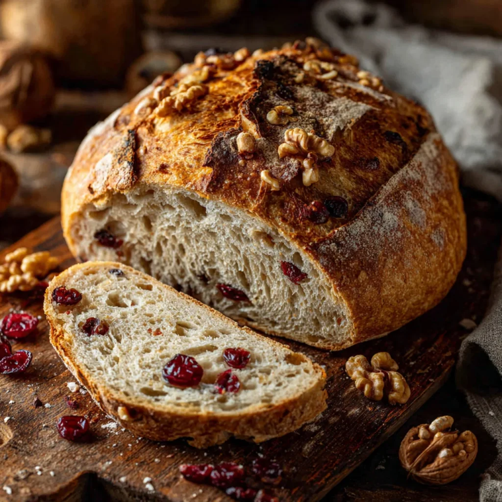 Crusty cranberry nut no-knead bread sliced