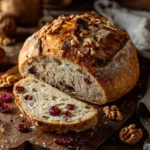 Crusty cranberry nut no-knead bread sliced