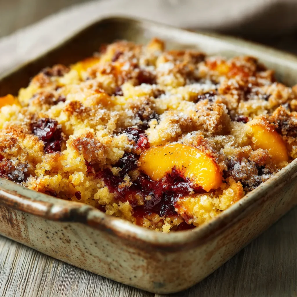 Gluten-free peach dump cake served warm