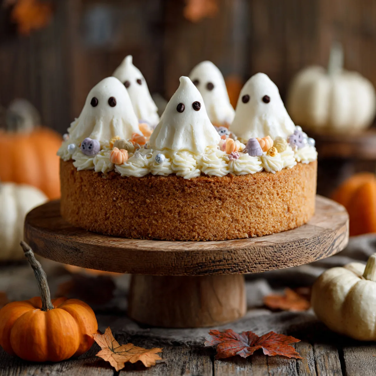 Halloween Ghost Vanilla Cake with frosting ghosts