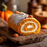 Gothic Pumpkin Spice Roll Cake for Haunted Autumn Evenings 12 Slice of Halloween Pumpkin Spice Roll Cake with cream cheese filling