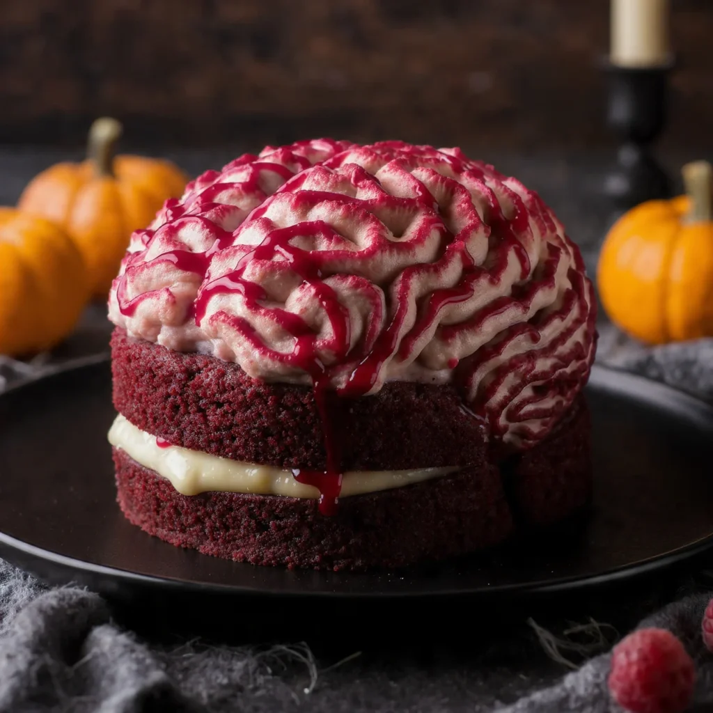 Halloween Red Velvet Brain Cake on black plate
