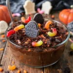 Halloween Graveyard Dirt Cake with pudding and gummy worms