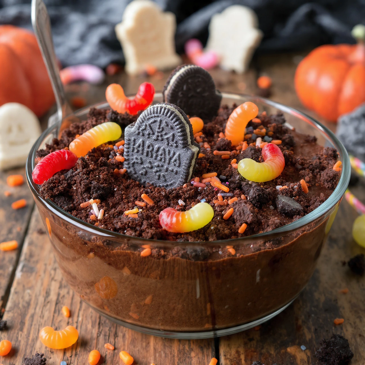 Halloween Graveyard Dirt Cake with pudding and gummy worms