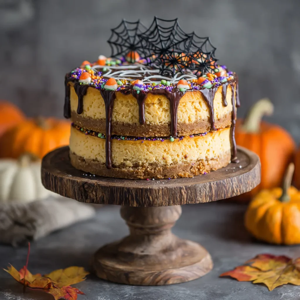 Creepy Pumpkin Cheesecake Tower slice with chocolate spiderweb