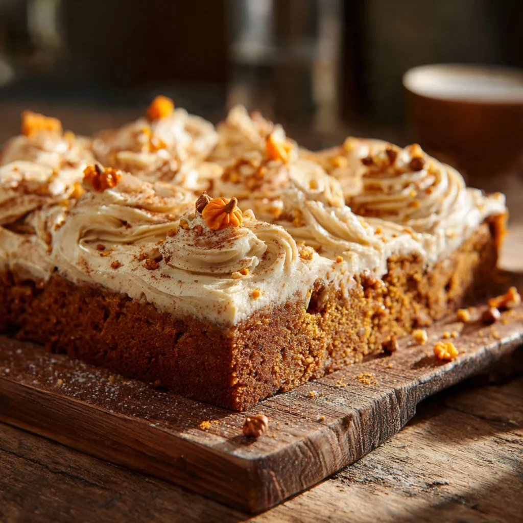 Halloween pumpkin latte sheet cake served on rustic board