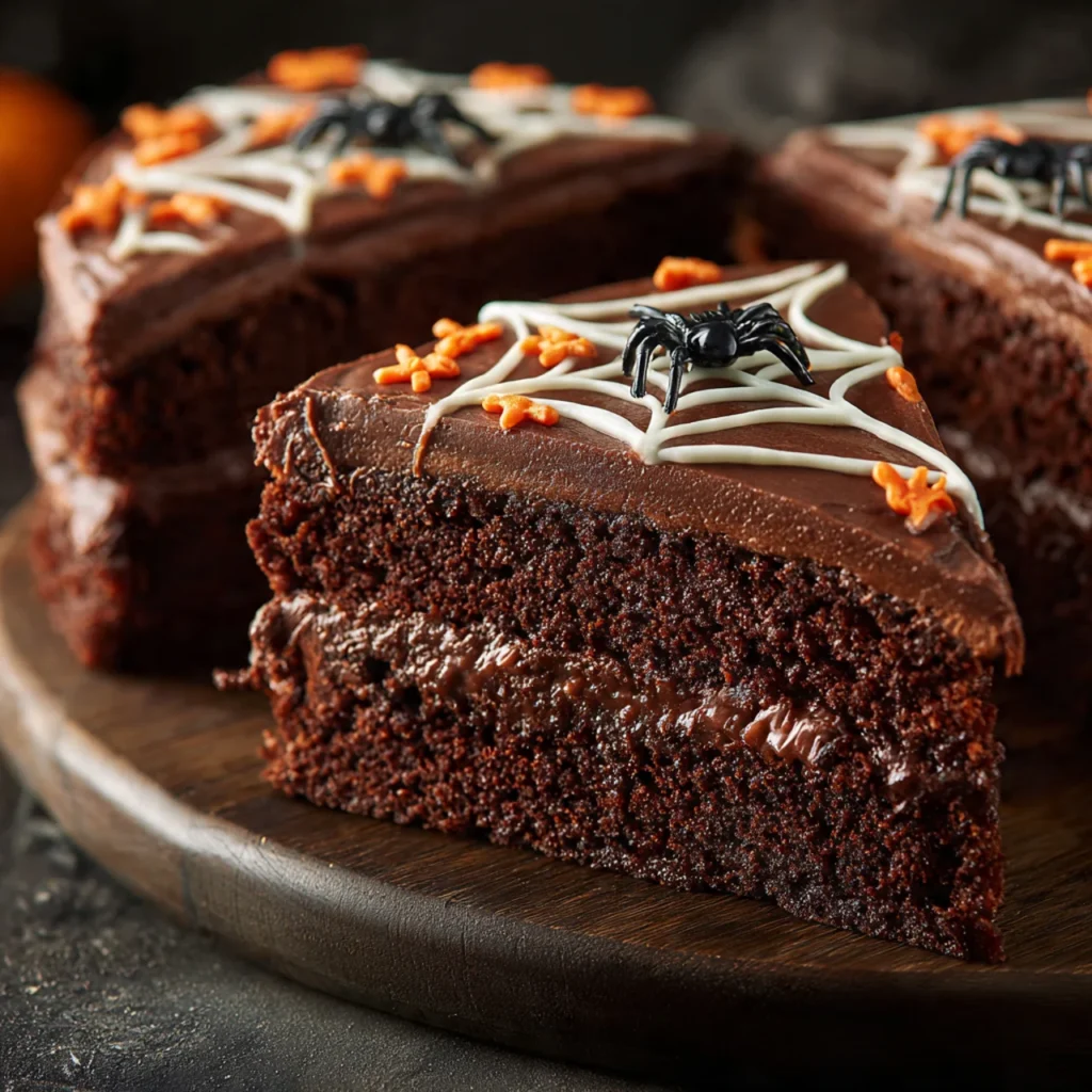 Halloween Chocolate Spiderweb Cake slice