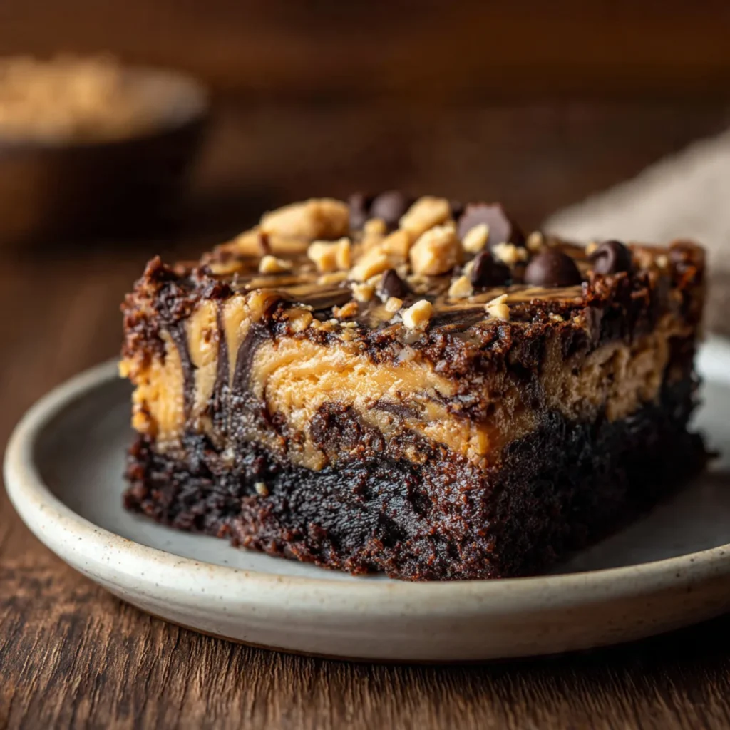 Peanut butter chocolate dump cake square on plate