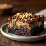 Peanut butter chocolate dump cake square on plate
