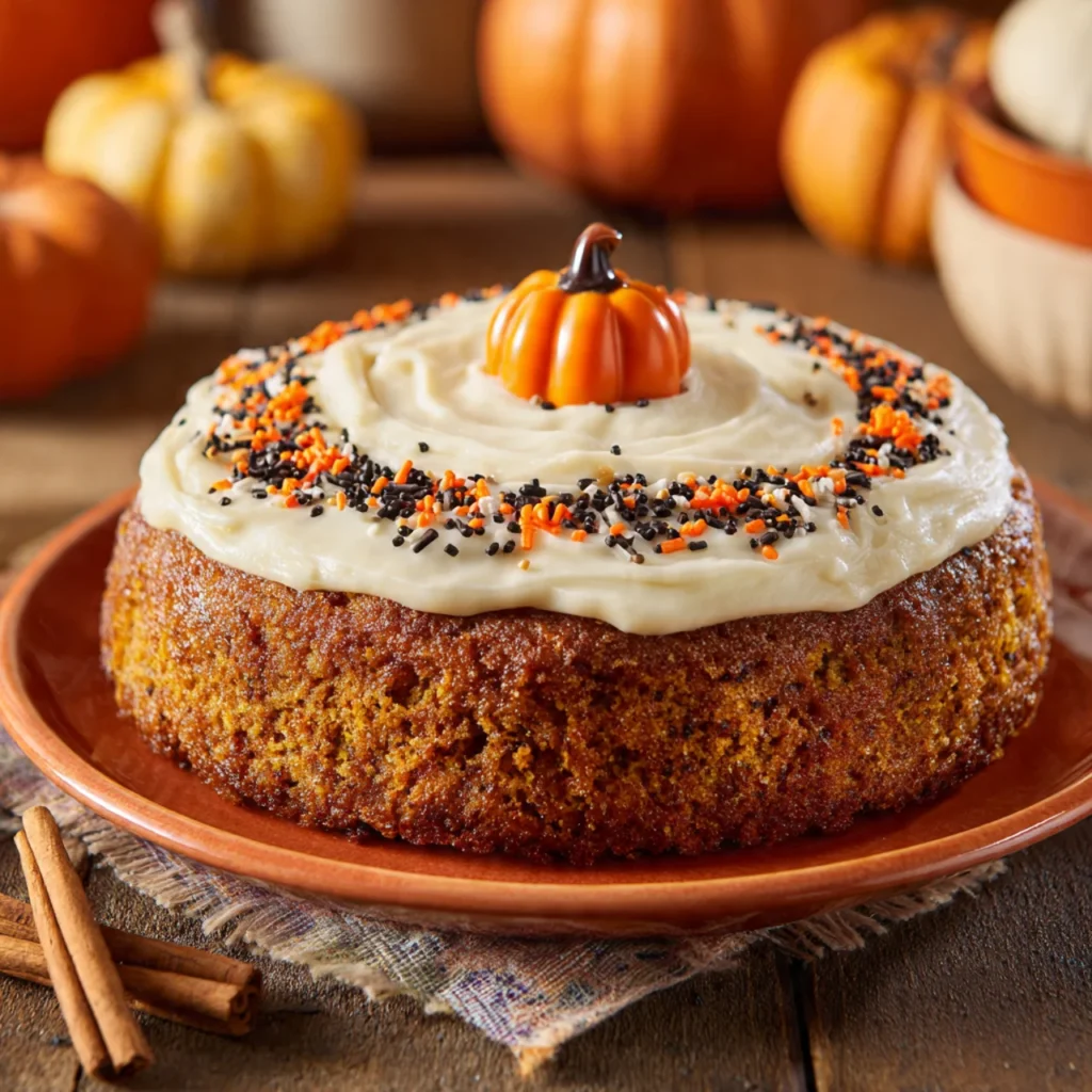Slice of Halloween pumpkin cake with frosting and topper