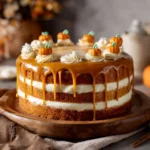 Moist Halloween Pumpkin Caramel Cake from Scratch 12 Slice of Halloween Pumpkin Caramel Cake on rustic plate
