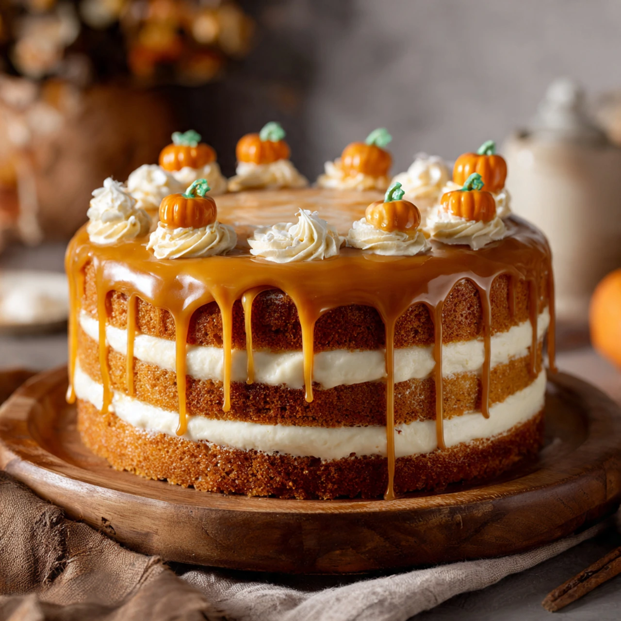 Moist Halloween Pumpkin Caramel Cake from Scratch 8 Slice of Halloween Pumpkin Caramel Cake on rustic plate