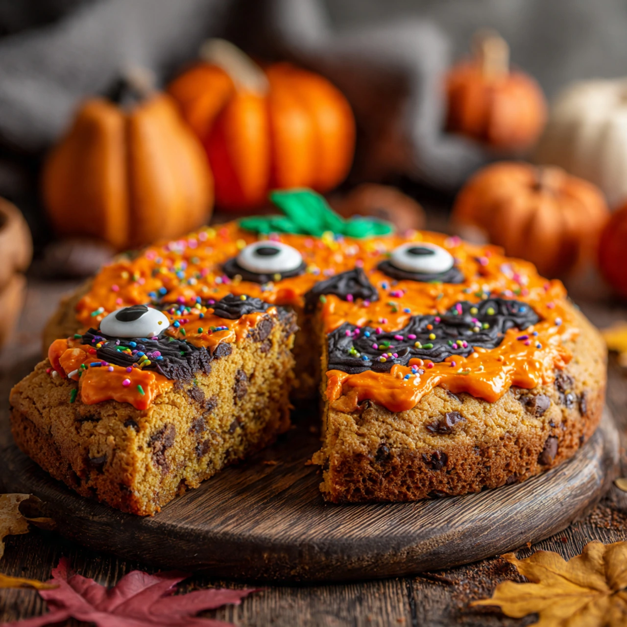 Halloween pumpkin cookie cake decorated with candy eyes and sprinkles