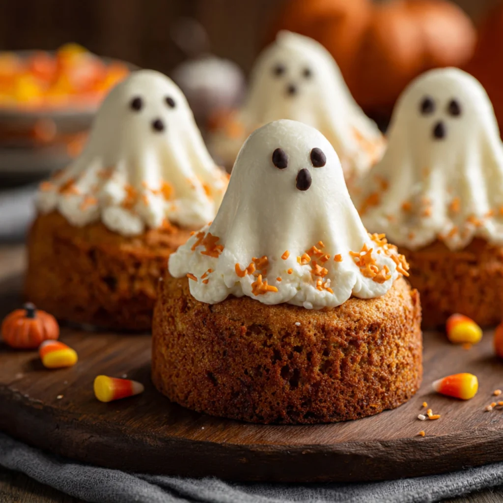 Halloween pumpkin ghost cake slice on black plate