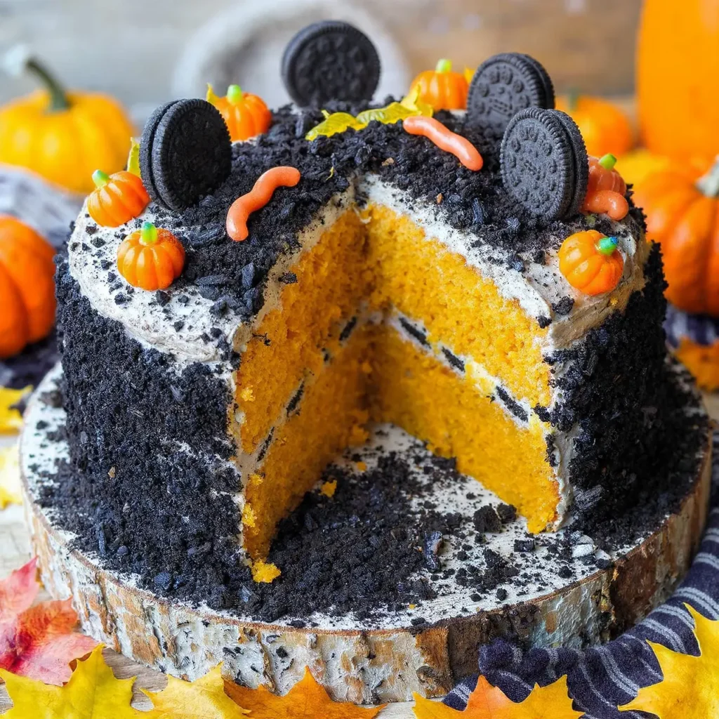 Slice of Oreo Tomb Pumpkin Cake with Oreo “dirt”