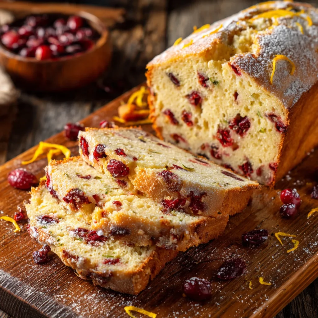 Rustic no-knead cranberry orange bread sliced on board