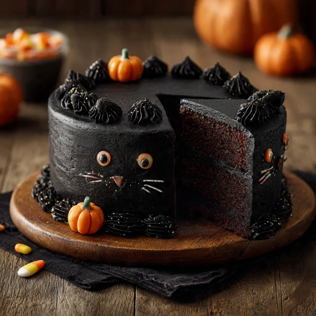 Halloween black cat cake on cake board with fondant whiskers