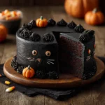 Halloween black cat cake on cake board with fondant whiskers