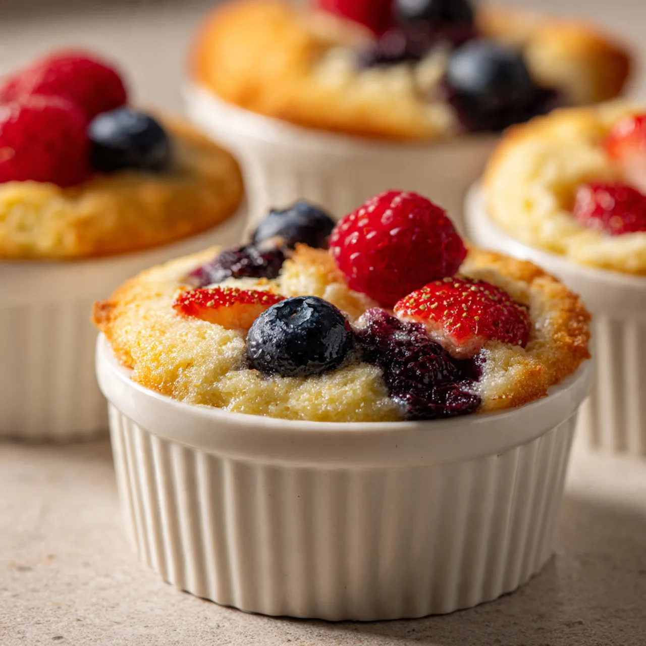 Close-up of mini berry dump cake with mixed berries