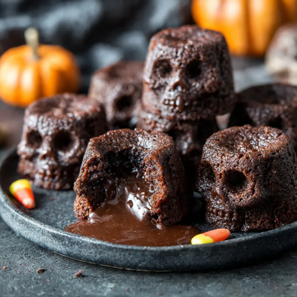 Molten chocolate skull lava cake sliced open