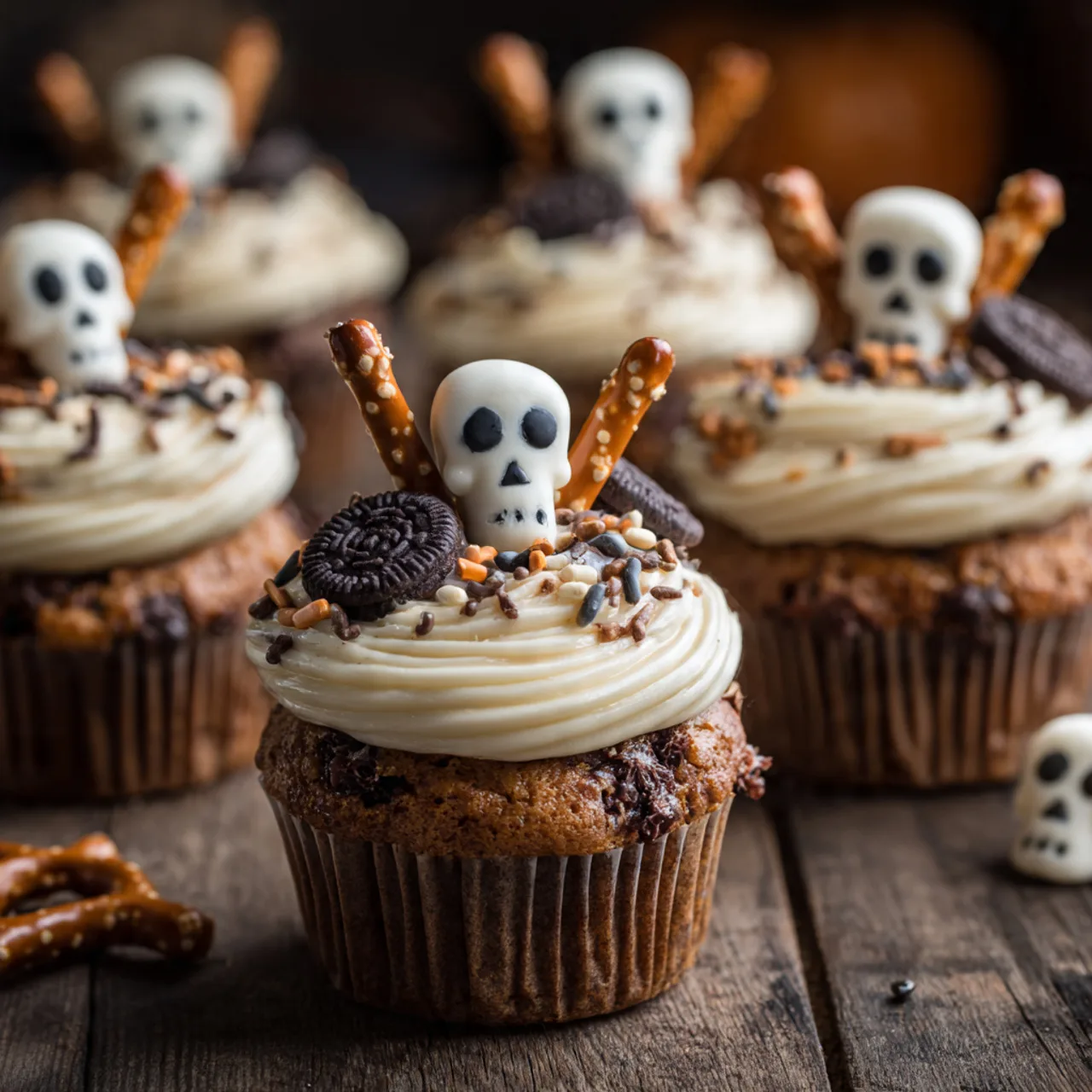 Close-up of skeleton cupcakes