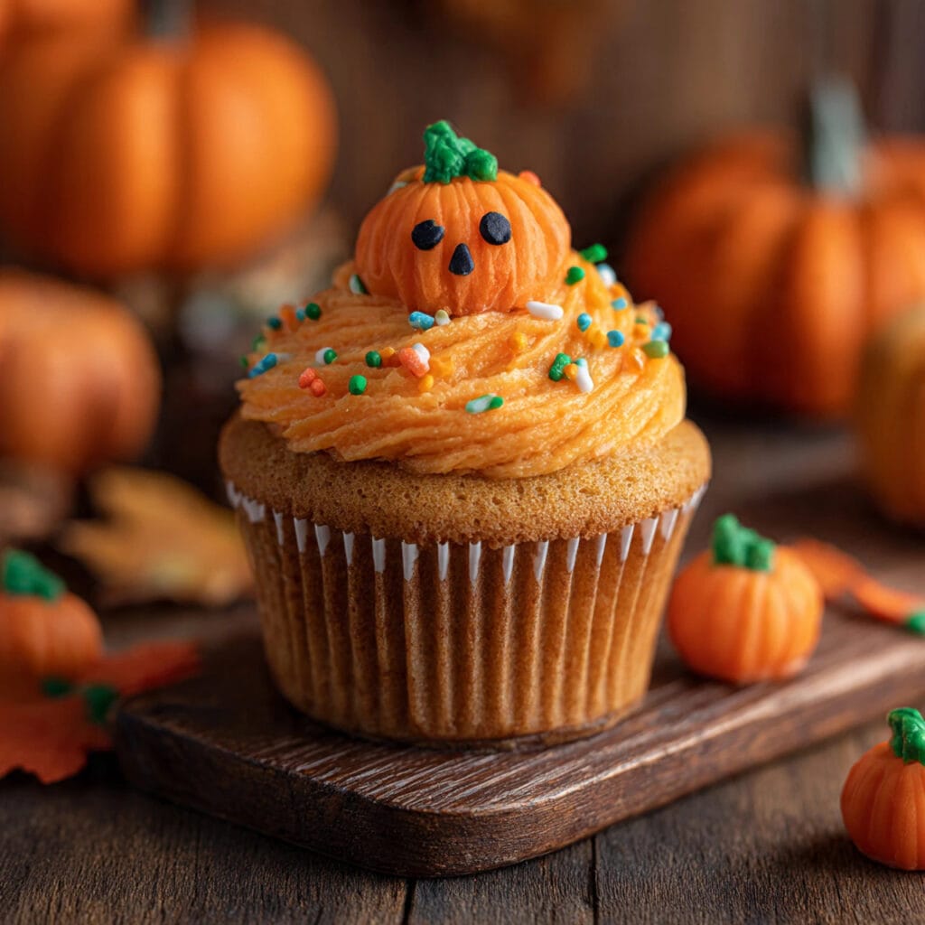 Spooky pumpkin cupcake on wooden board