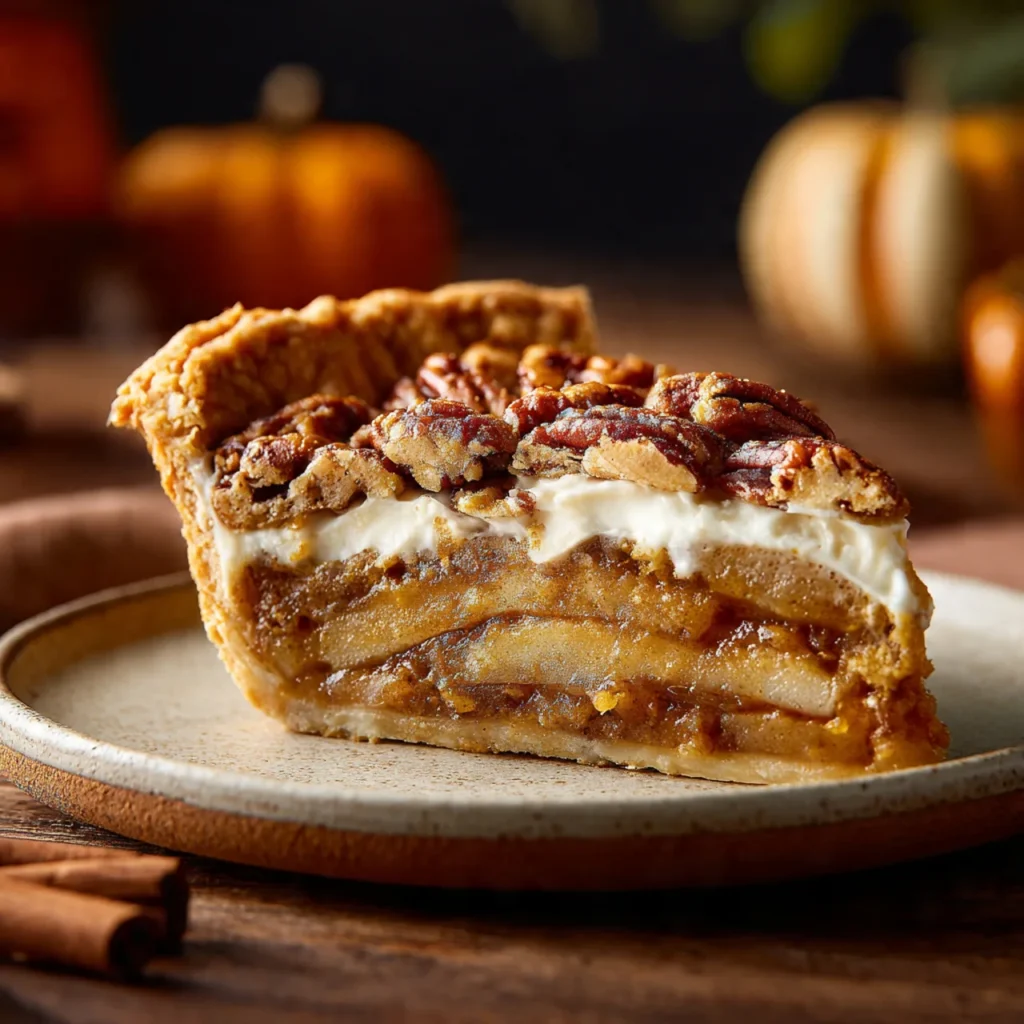 Slice of apple-pumpkin-pecan pie on plate