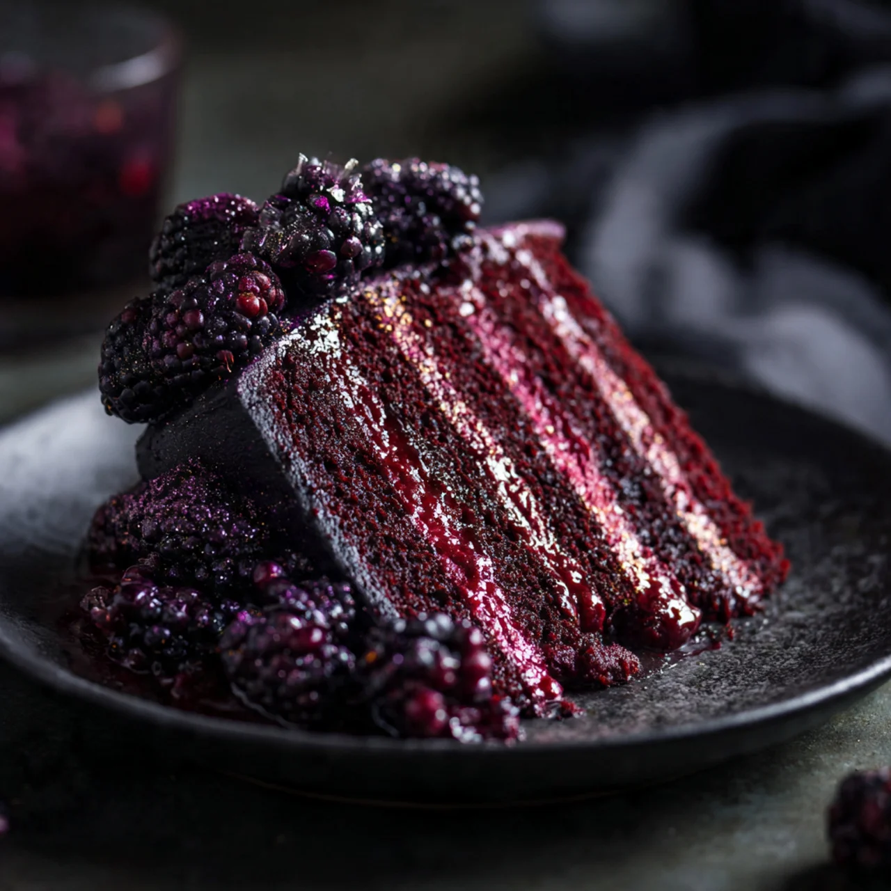 Slice of blackberry velvet gothic cake on plate