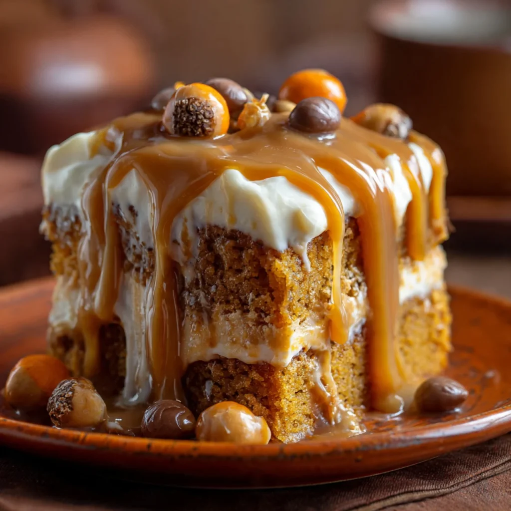 Slice of caramel cauldron pumpkin cake with caramel drizzle
