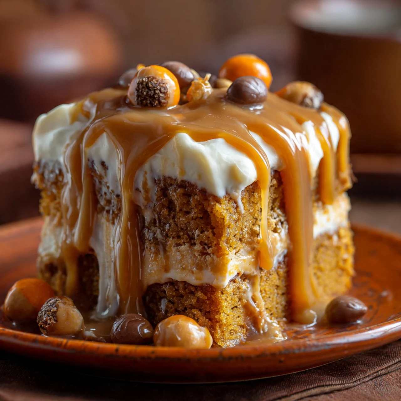 Slice of caramel cauldron pumpkin cake with caramel drizzle